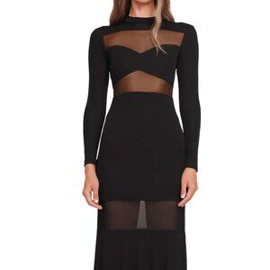 STAUD High-Neck Maxi Long Sleeve Dress with Sheer Panels (NWT)